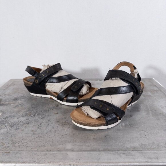 Josef Seibel Strappy Black Leather Wedge Sandals Women’s size 37 - Picture 1 of 6